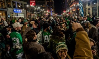 Paul George gets stuck as Eagles fans celebrate