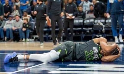 Timberwolves' Clark (neck) exits after hard fall