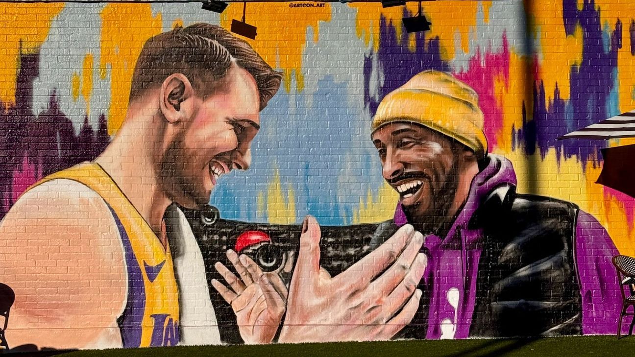 Spray cans & sunset hues: L.A. artist honors Luka Doncic, Kobe Bryant in Lakers mural
