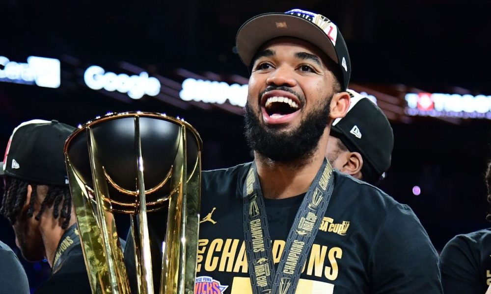Karl-Anthony Towns celebrates NBA Cup title with Timothée Chalamet, Ben Stiller