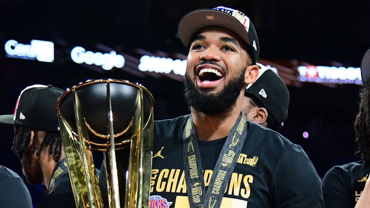 Karl-Anthony Towns celebrates NBA Cup title with Timothée Chalamet, Ben Stiller